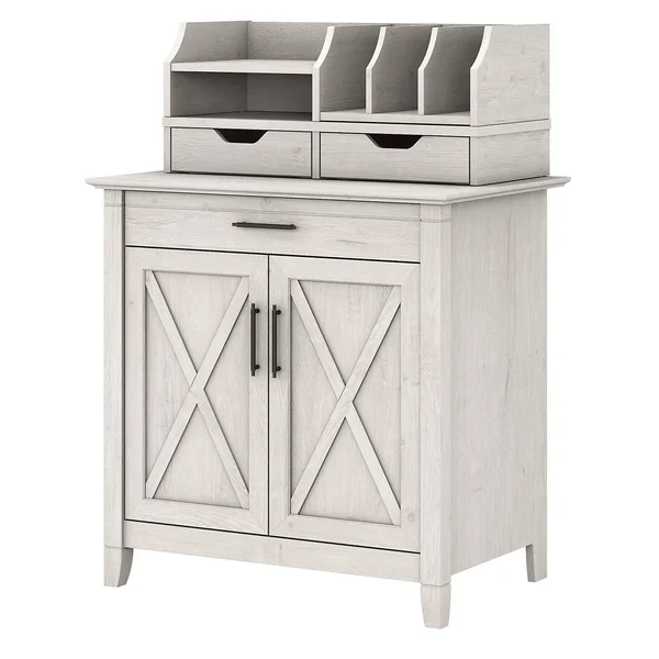 Bush Furniture Key West Secretary Desk with Storage and Desktop Organizers - Linen White Oak