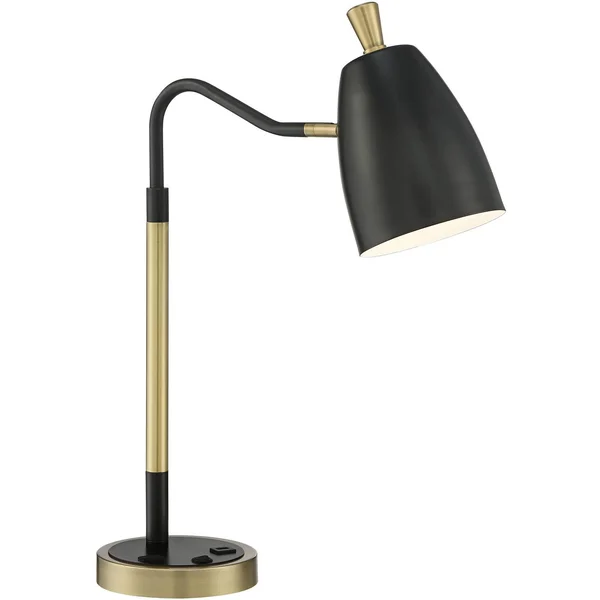 Possini Euro Design Mid Century Desk Table Lamp with USB and AC Power Outlet in Base Gold Metal Black Shade Living Room Bedroom