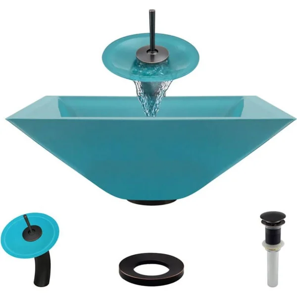 Rene R5-5003-CER-WF 16-1/2x22 Glass Vessel Bathroom Sink with Waterfall Faucet Si Cerulean, Antique