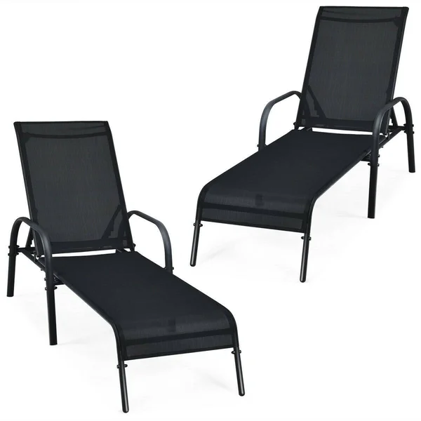 2 Pcs Outdoor Patio Lounge Chair Chaise Fabric with Adjustable Reclining Armrest - 75.5x22 x 26’’ x 24.5x22 (L x W x H) - Black