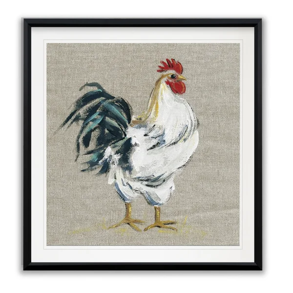 Linen Rooster I -Framed Giclee Print - 16x16