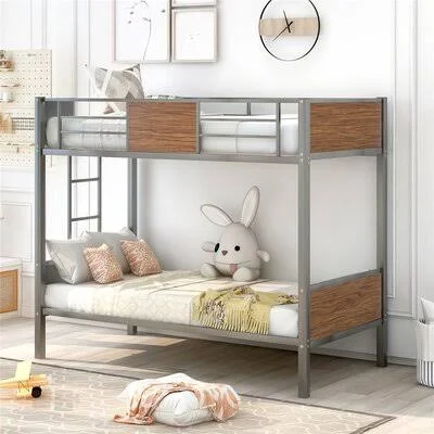 Twin-Over-Twin Bunk Bed Modern Style Steel Frame Bunk Bed with Safety Rail Built-in Ladder for Bedroom Dorm Mason & Marbles