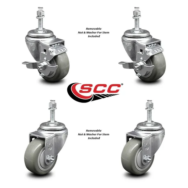 Polyurethane Swivel Threaded Stem Caster Set of 4 w/3.5 inch x 1.25 inch Gray Wheels and 10mm Stems - Includes 2 with Top Lockin