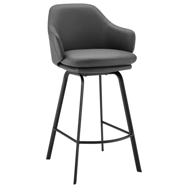 Armen Living Brigden Gray Faux Leather and Black Metal Swivel 30x22 Bar Stool