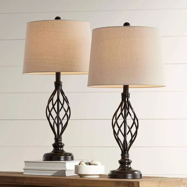 Franklin Iron Works Rustic Farmhouse Table Lamps Set of 2 with WiFi Smart Sockets Iron Scroll Cream Drum Shade Living Room Bedro
