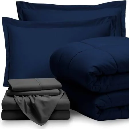 Bare Home 8-Piece Bed-in-a-Bag - Split King (comforter Set: Dark Blue, Sheet Set: Gray)