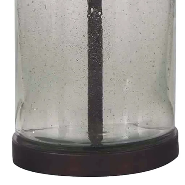 Benjara Cylindrical Seeded Glass Table Lamp with Fabric Drum Shade - Beige and Clear