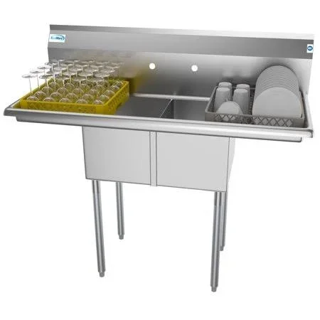 2 Compartment 48 inch Stainless Steel Commercial Kitchen Prep & Utility Sink with 2 Drainboards - Bowl Size 12 inch x 16 inc