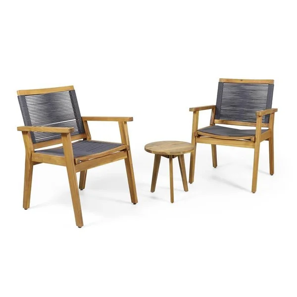 Noble House McGill Outdoor 3 Piece Chat Set Teak/Natural and Dark Gray