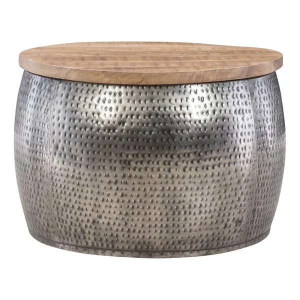 Powell Angus Drum Side Table with Storage - 18-1/2x22H x 27-1/2x22W x 27-1/2x22D, Silver/Brown