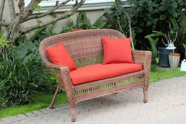 Jeco W00205-L-FS018-CL Honey Wicker Patio Love Seat with Brick Red Cushion and Pillows