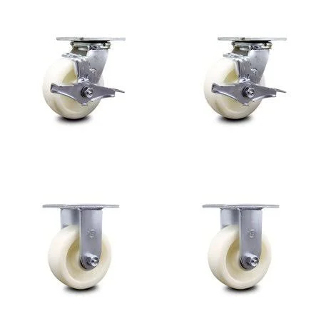 Nylon Swivel Caster w/Main. Free Bearings Set of 4 w/5 inch x 2 inch White Wheels - Includes 2 Swivel with Brakes & 2 Rigid