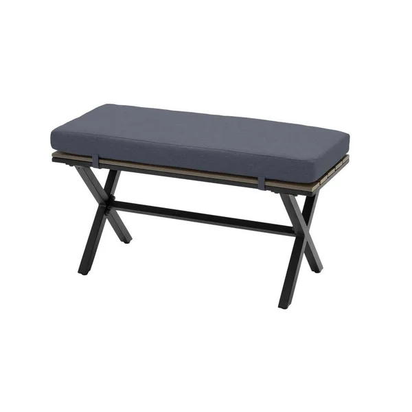 Hampton Bay Laguna Point Brown Steel Wood Top Outdoor Patio Bench with CushionGuard Sky Blue Cushions