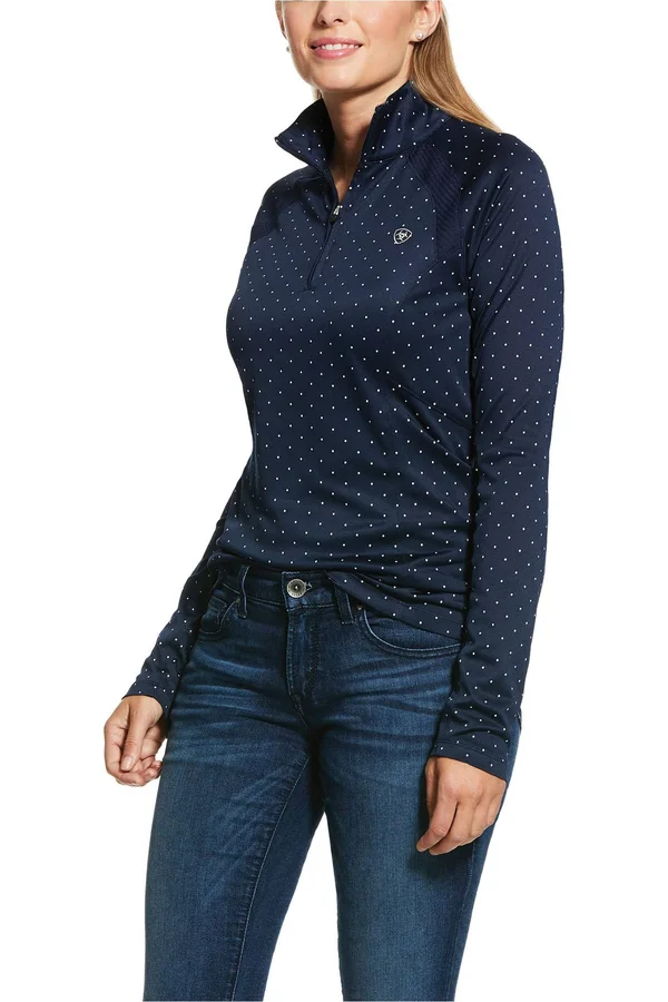 Ariat Sunstopper 2.0 1/4 Zip Baselayer Prints Large Navy Dot