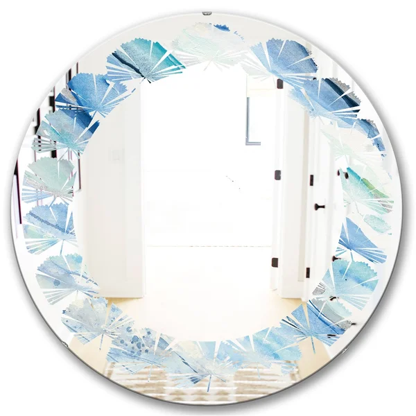 Designart 'Blue Silver Spring I' Modern Round or Oval Wall Mirror - Leaves - 24 in. Wide x 24 in. High