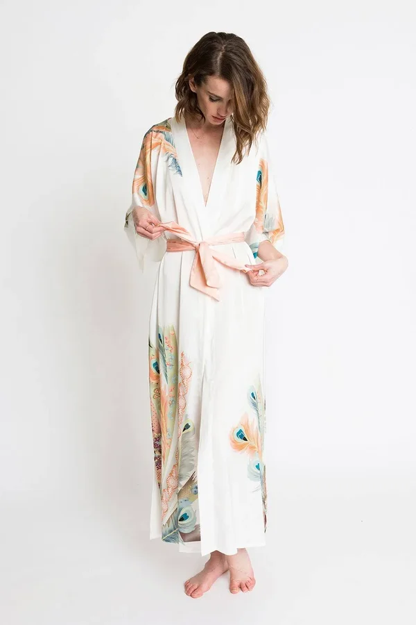 Peacock Feather Kimono Robe - Long, KIM + ONO white, one size