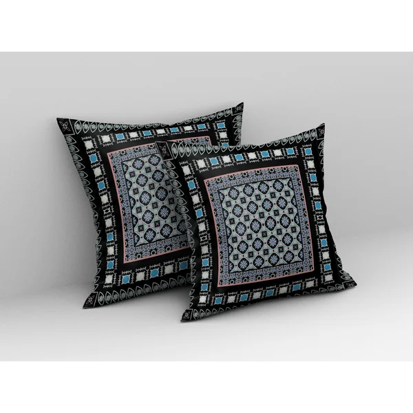 Amrita Sen Floral Windows Suede Zippered Pillow W Insert in Black and Blue - 16x22x16x22