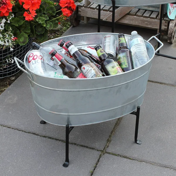 Achla Designs 24 in. W Steel Classic Oval Galvanized Tub with Folding Stand, Black