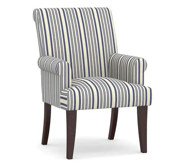 PB Comfort Roll Upholstered Dining Arm Chair, Espresso Frame, Antique Stripe Blue