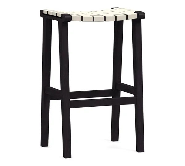 Pottery Barn Fenton Leather Backless Bar Height Bar Stool - Black Leg, Signature Chalk