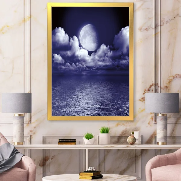 Designart &Full Moon in Cloudy Night Sky V& Nautical & Coastal Framed Art Print - 12 in. Wide x 20 in. High - Gold