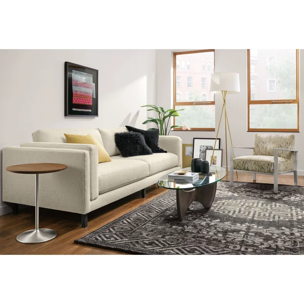 Room & Board, Modern Aria Round End Table 18 Diameter 22H in White, Marbled White Quartz Top w/ White Base