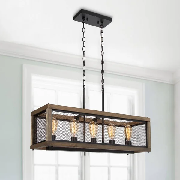 LNC Solid Wood Modern Farmhouse Chandelier 5-Light Matte Black Kitchen Island Rectangle Chandelier Ceiling Light Fixture