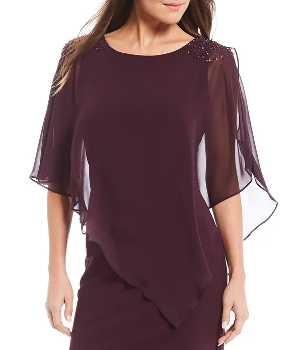 Slny Faded Rose Women's Asymmetrical Cape with Beaded Shoulder Dress