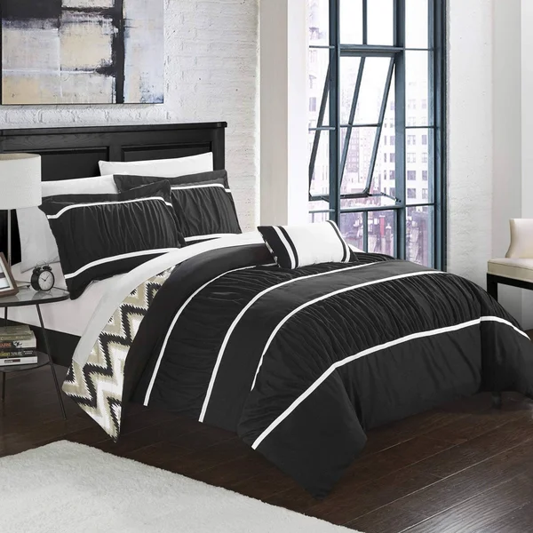 Chic Home Bella 8 Piece Comforter Set Reversible Bed in A Bag Black - King