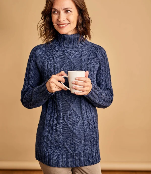 Womens Pure Wool Aran Turtle Neck Sweater Denim Marl