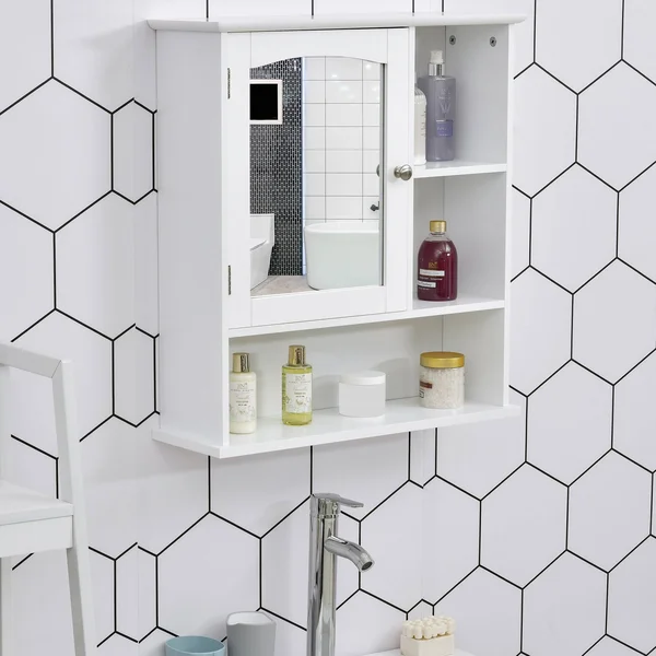 Kleankin Bathroom Cabinet Wall Mount Storage Organizer with Mirror Adjustable Shelf Wood Medicine Cabinet White