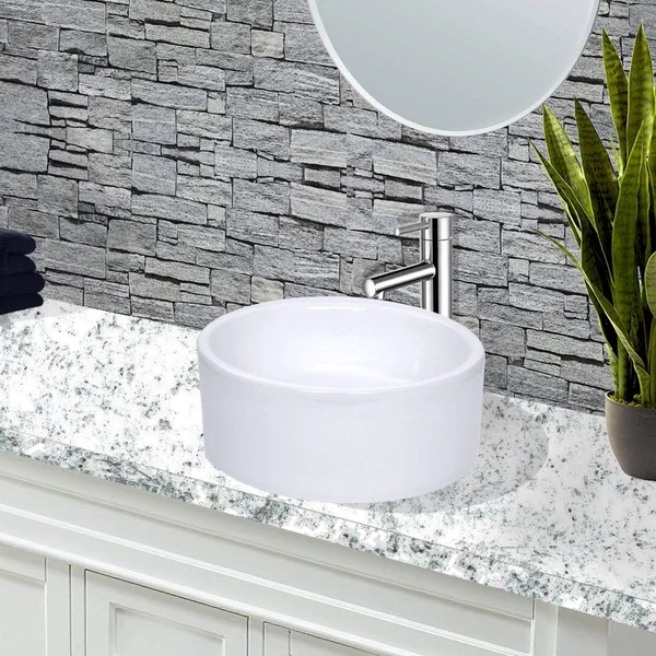 Highpoint Collection Round Ceramic Bathroom Vessel Sink, White, 16x22