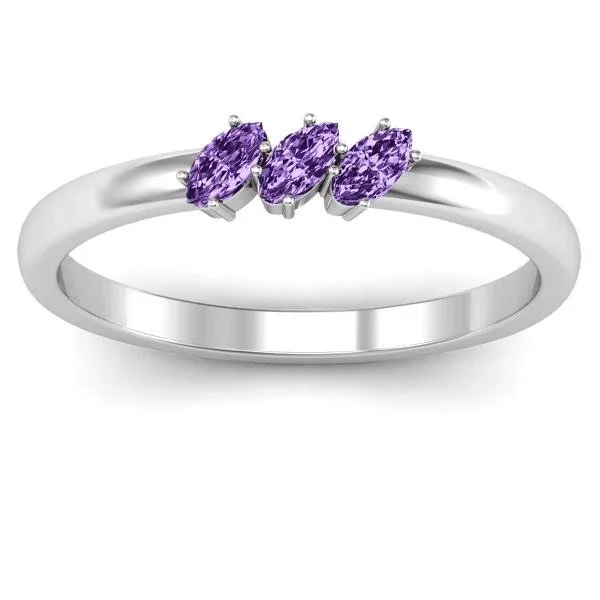 10K White Gold Petit Marquise Trio Mothers Ring with Aquamarine (Simulated) Stones