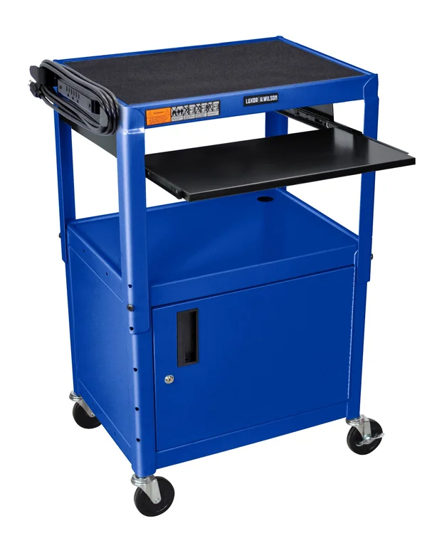 Luxor Steel Adjustable Height A/V Cart with Cabinet and Pullout Keyboard Tray, Blue