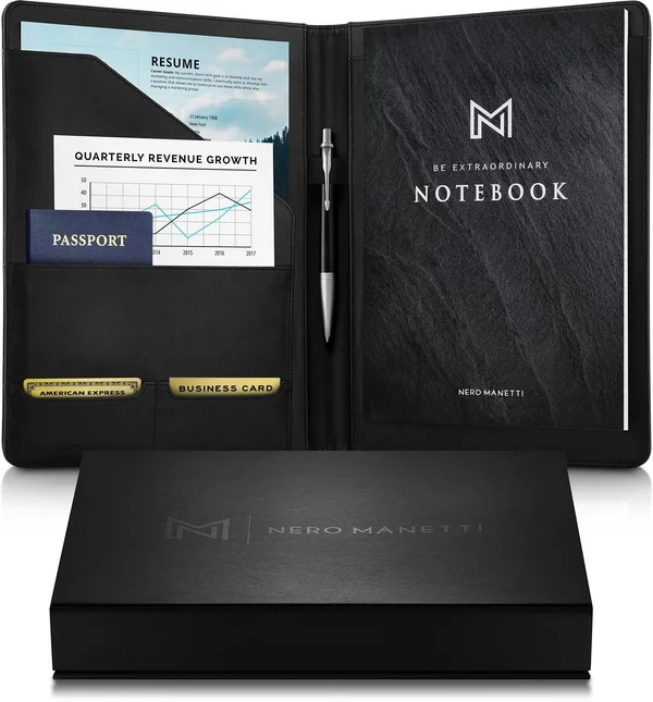 Nero MANETTI- Leather Portfolio Folder - Business PU Leather Portfolio Notepad Holder for Resumes - Legal Pad Portfolio Executive