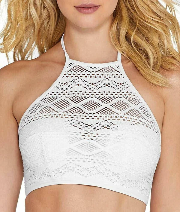 Freya Sundance Underwire Padded Hi-Neck Crop Bikini Top, White, 34e