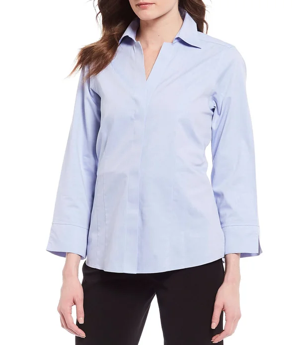 Investments Taylor Gold Label Non-Iron Point Collar Y-Neck 34 Sleeve Button Front Shirt - 18