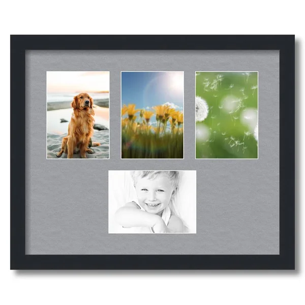 Collage Picture Frame, Satin Black Frame with 4 openings for 5x7 Photos with Silver Mat. D3926HR149, ArtToFrames