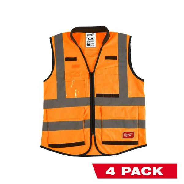 Milwaukee Performance 2X- Large/3X-Large Orange Class 2-High Visibility Safety Vest with 15 Pockets (4-Pack), Adult Unisex
