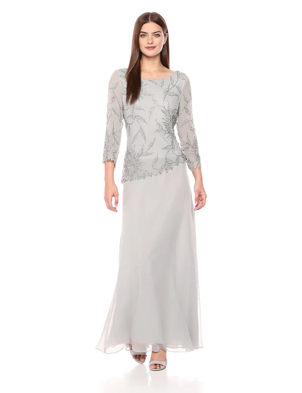 Jkara Asymmetrical Beaded Bodice 34 Sleeve Chiffon Gown - 16