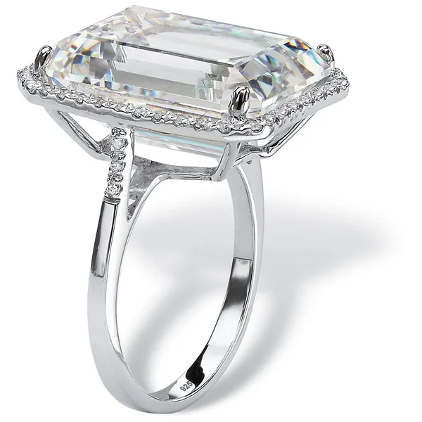 19.57 TCW Emerald-Cut Cubic Zirconia Halo Ring in Platinum Over Sterling Silver