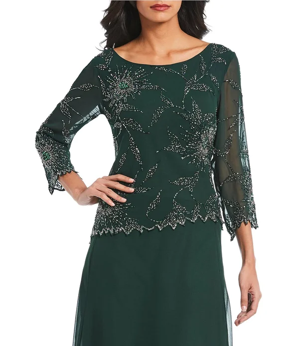 Jkara Asymmetrical Beaded Bodice 34 Sleeve Chiffon Gown - 16