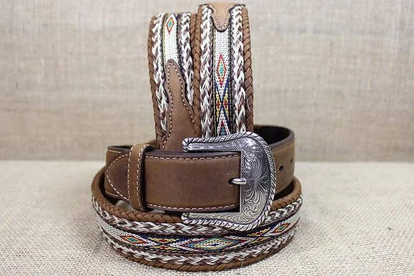 42 inch Tony Lama Brown Men's Badlands Horse Hair with Ribbon Inlay Leather Belt