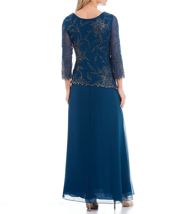 Jkara Asymmetrical Beaded Bodice 34 Sleeve Chiffon Gown - 16