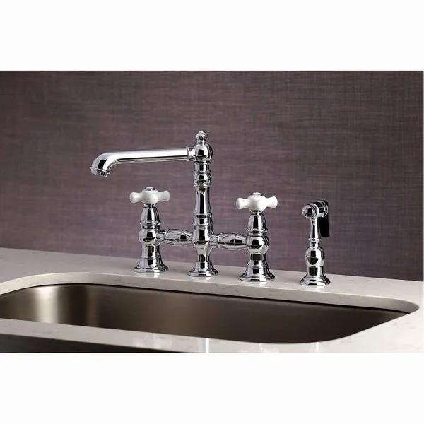 Kingston Brass KS7278PXBS English Country 8x22 Bridge Kitchen Faucet with Sprayer - Brushed Nickel