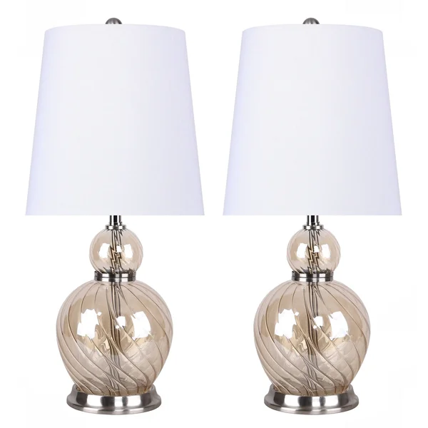 19 inch Clear Amber Glass Accent Lamp w/ Vase-Inspired Base & White Linen Shade (Set of 2)