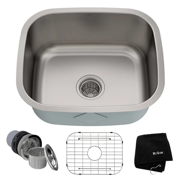 Kraus KBU11 Premier Undermount 20-in 16g 1-Bowl Satin Stainless Steel Kitchen Sink, Grid, Strainer, Towel (As Is Item), Silver