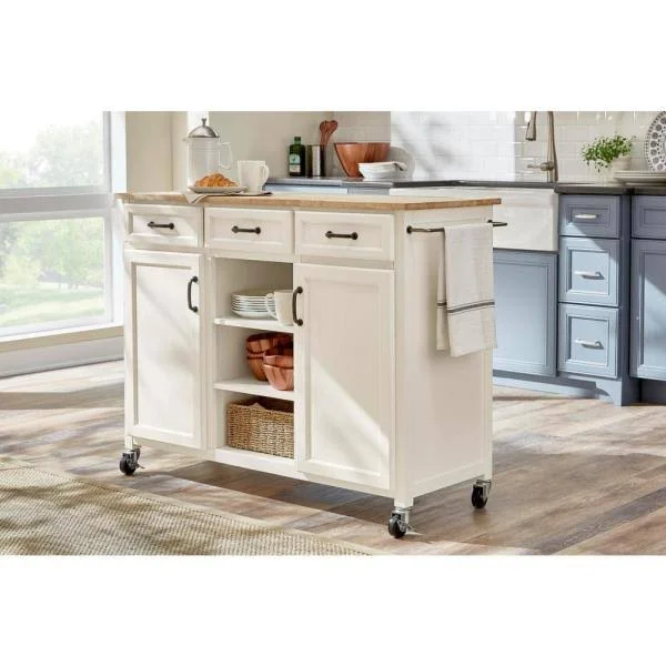 Home Decorators Collection Ivory Wood Kitchen Island with Natural Butcher Block