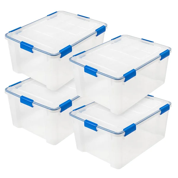 Iris USA 60 Quart Weathertight Storage Box - Clear with Blue Buckles, 4 Pack, 500026