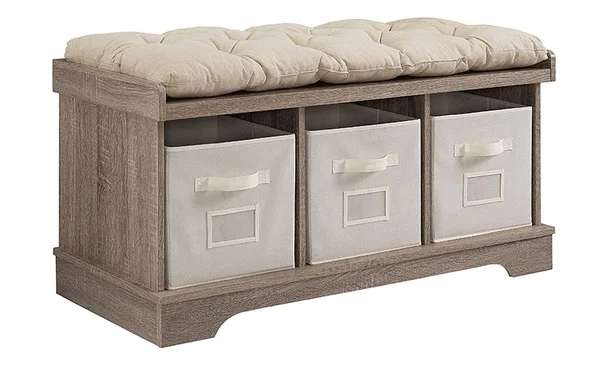 42x22 Wood Storage Bench with Totes and Cushion - Driftwood - Gray